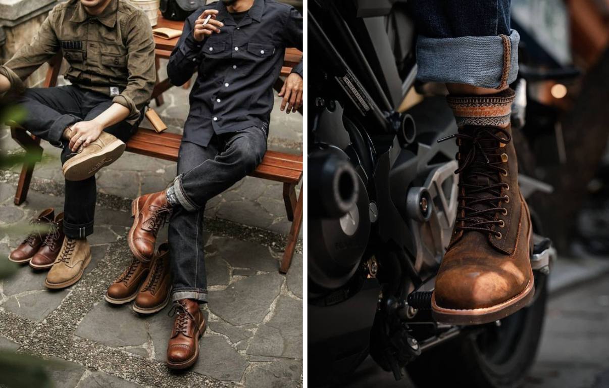 Giày Work boot thường kết hợp với thiết kế trơn, kẻ caro flanel, chất liệu jeans, ..