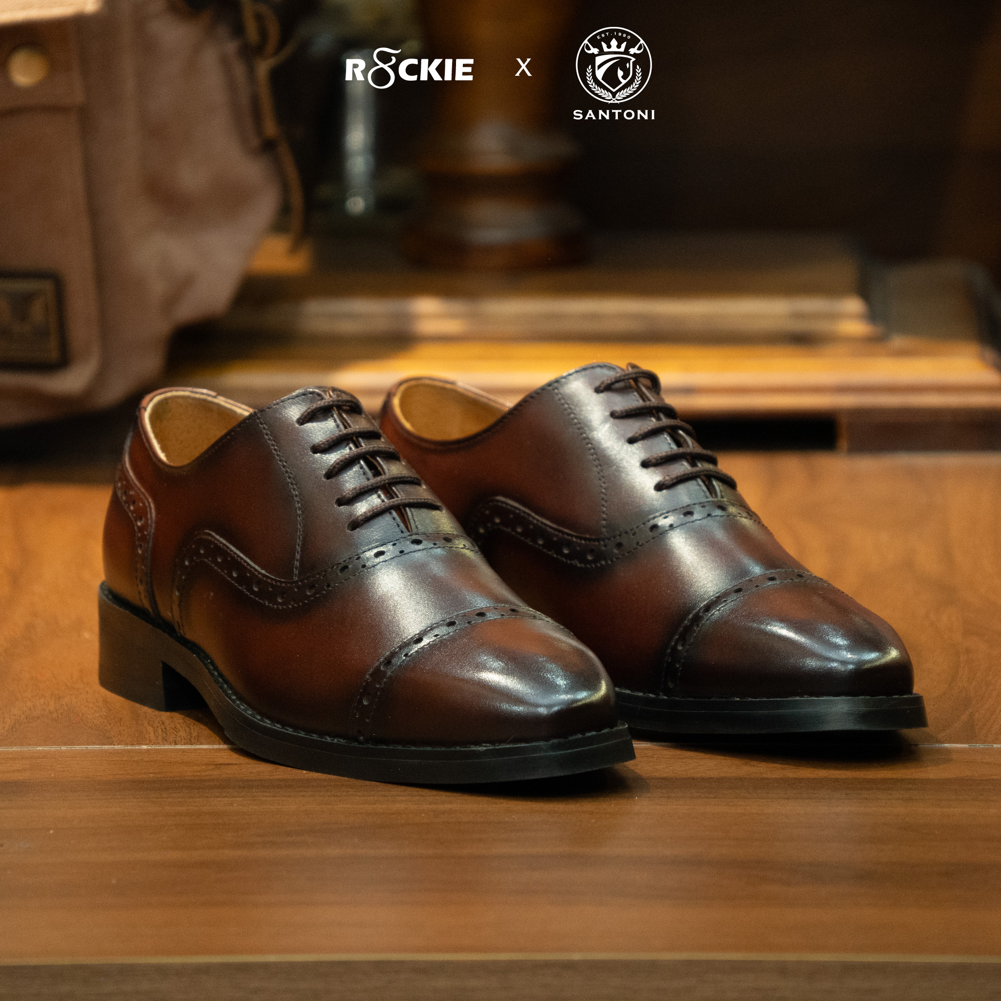 Giày Santoni Oxford Semi Brogues - CAESAR - NÂU